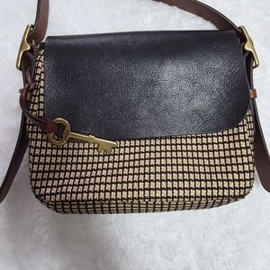 Fossil Black Leather Flap Woven Tan Crossbody with Key Charm SOLD OUT ONLINE